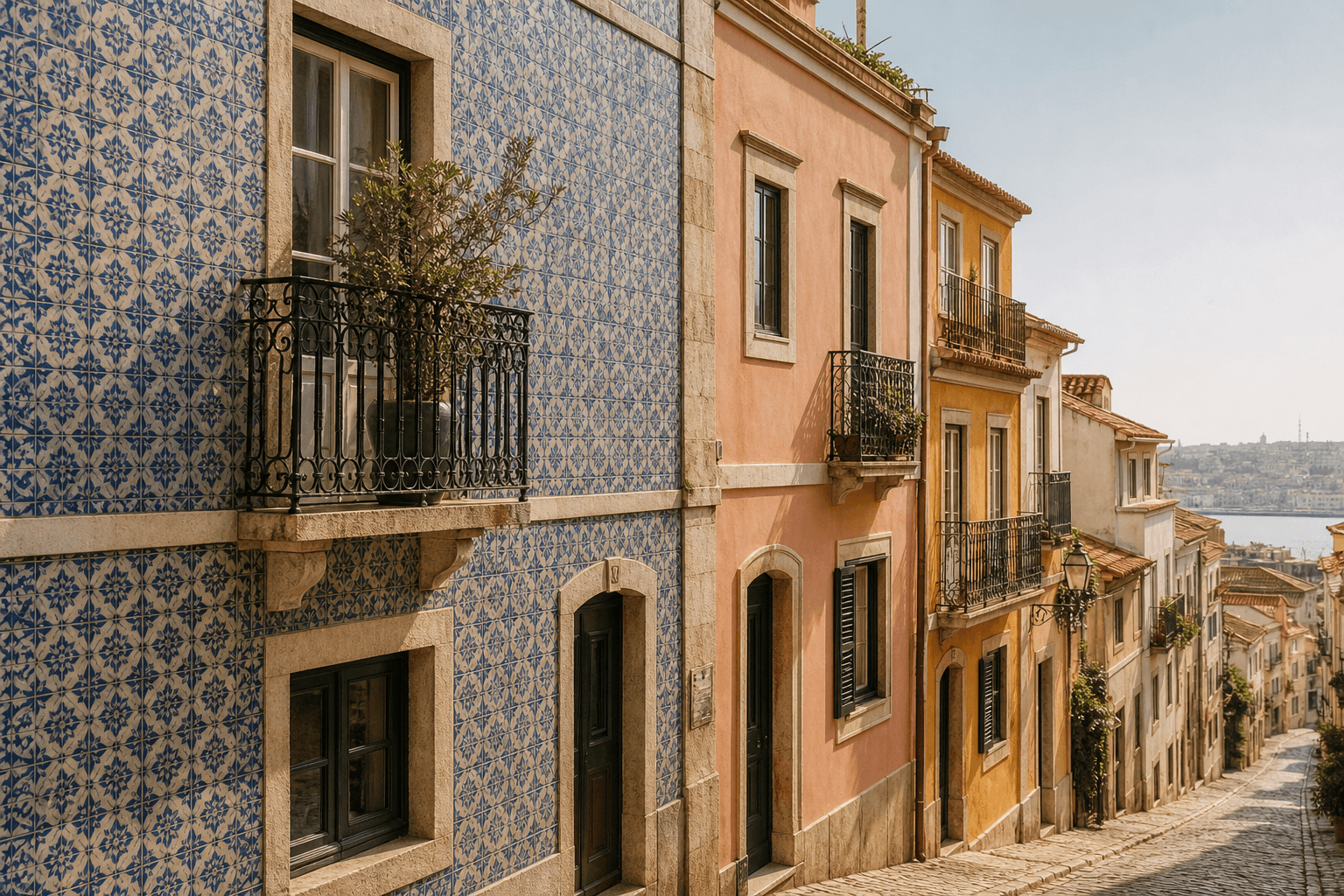 Historic Portuguese street with azulejo tile facade